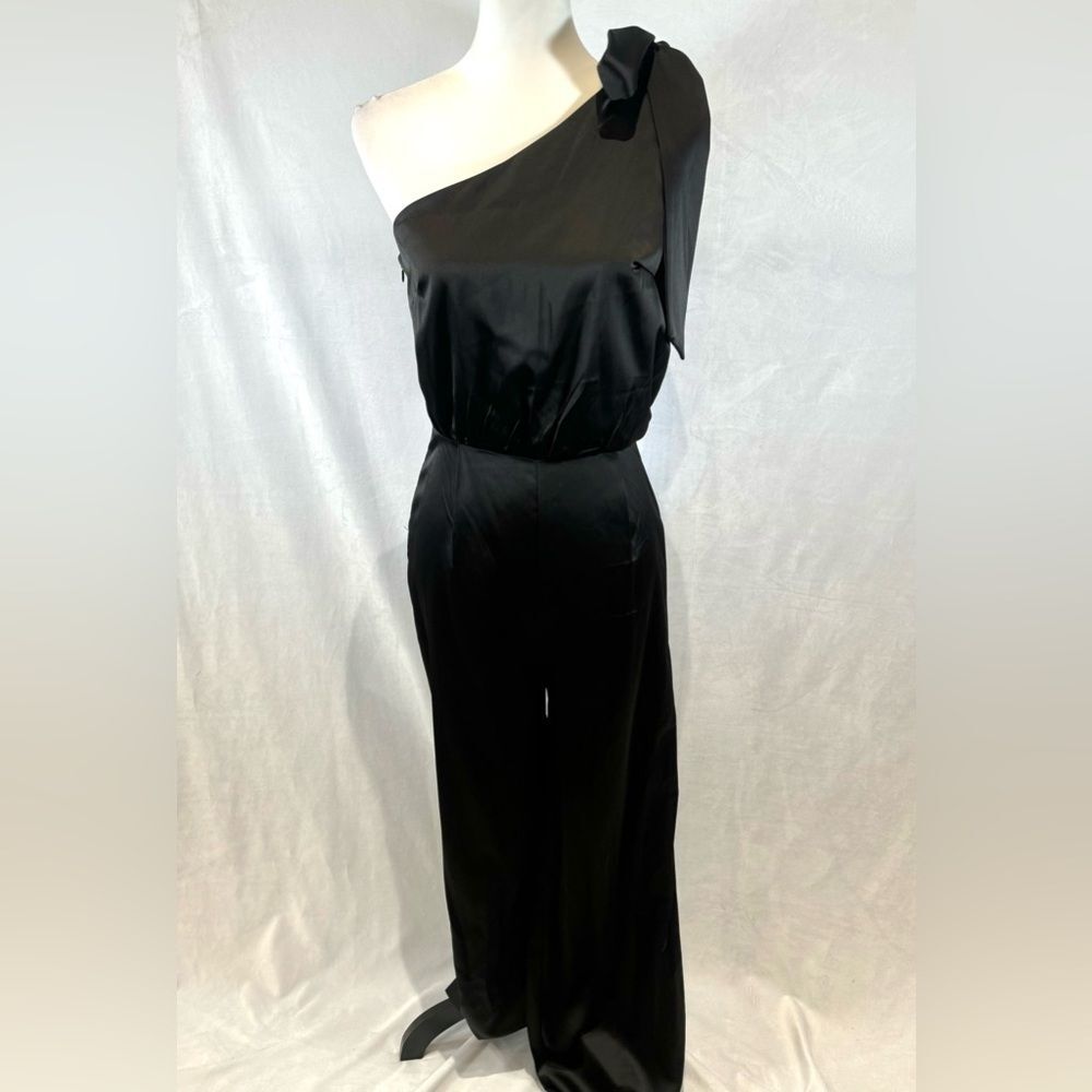 Nasty Gal black satin one shoulder jumpsuit size 4